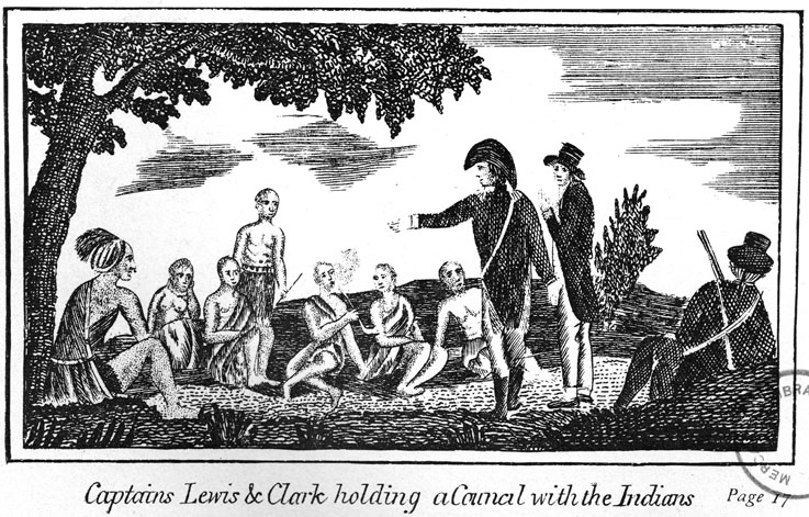 Illustration of Lewis and Clark holding a council with the Mandane Indians, published by Patrick Gass in 1847